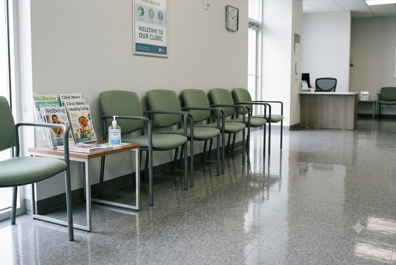 A clinic waiting room with polished floors and sanitizer within reach