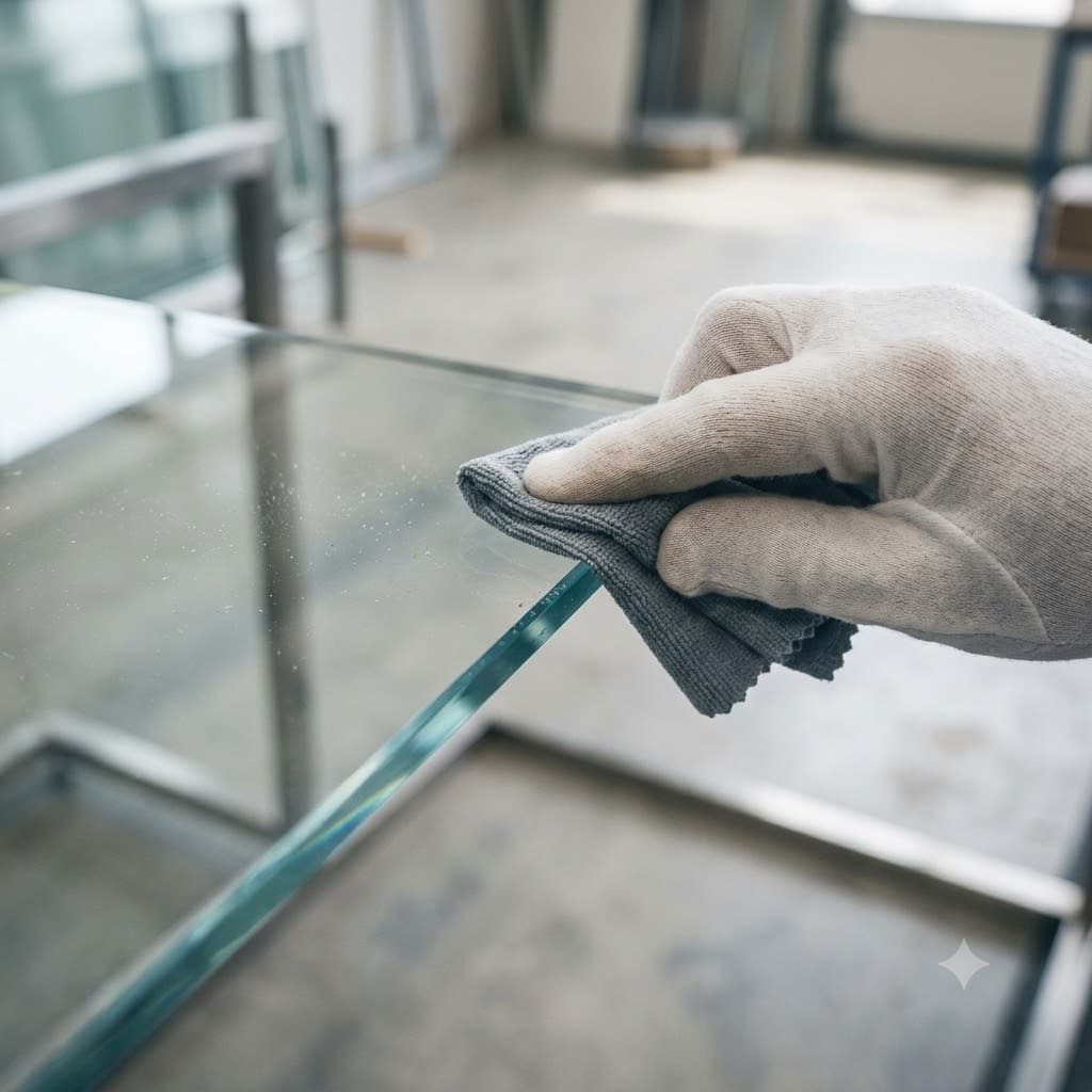 A gloved hand wiping the edge of a glass panel with a microfiber cloth