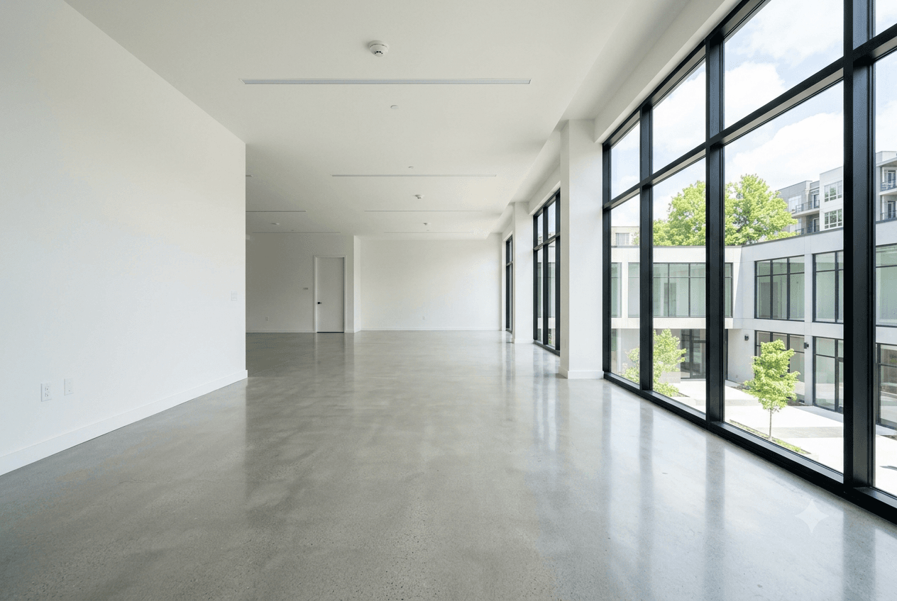 A newly finished interior, bare and swept, ready for handover