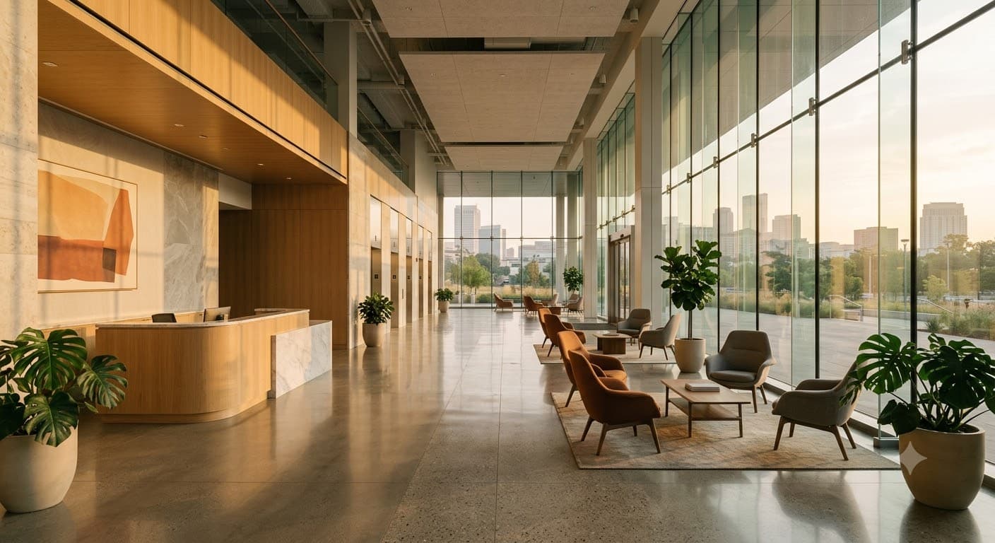 A sunlit office lobby at golden hour, polished floors reflecting a wall of glass